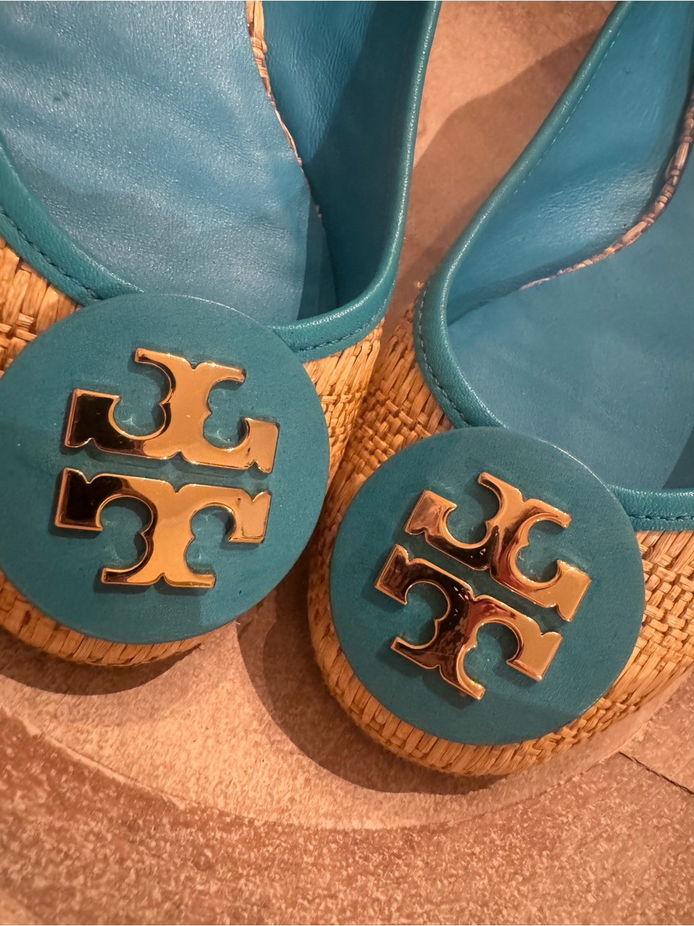 Tory Burch Teal Raffia Logo Ballet Flats - Picture 2 of 6